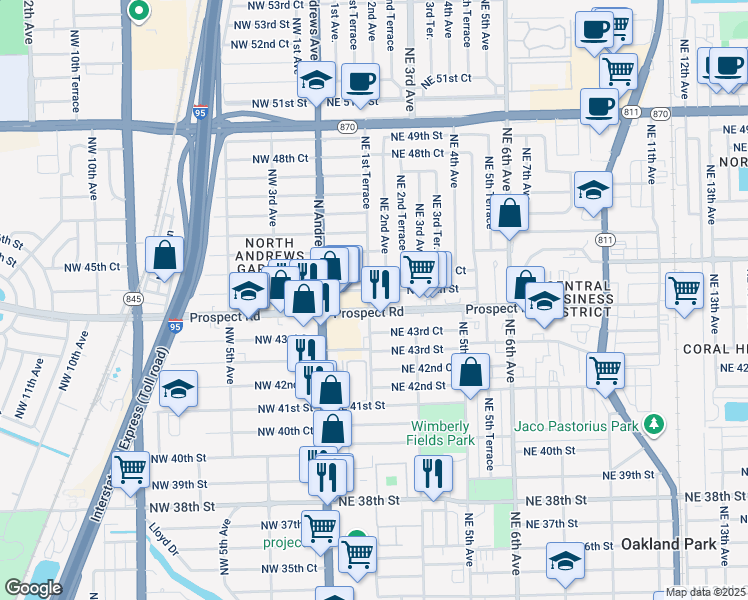 map of restaurants, bars, coffee shops, grocery stores, and more near 150 Prospect Road in Oakland Park