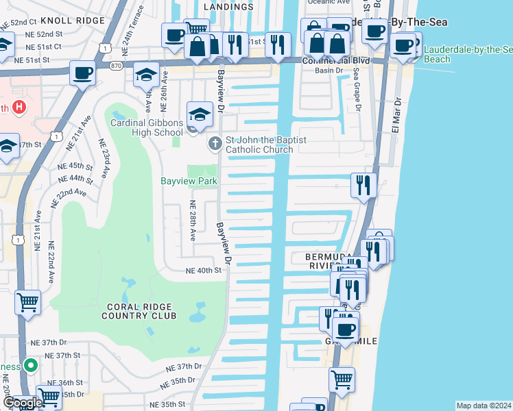 map of restaurants, bars, coffee shops, grocery stores, and more near 3081 Northeast 42nd Street in Fort Lauderdale