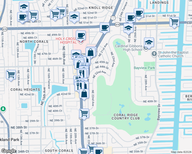 map of restaurants, bars, coffee shops, grocery stores, and more near 4300 Northeast 22nd Avenue in Fort Lauderdale