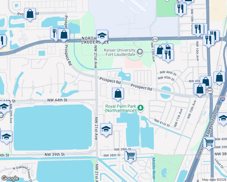 map of restaurants, bars, coffee shops, grocery stores, and more near 4401 Northwest 19th Terrace in Oakland Park