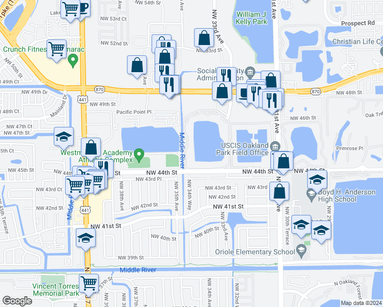 map of restaurants, bars, coffee shops, grocery stores, and more near 3413 Northwest 44th Street in Lauderdale Lakes