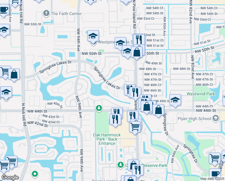 map of restaurants, bars, coffee shops, grocery stores, and more near 9040 Northwest 45th Court in Sunrise