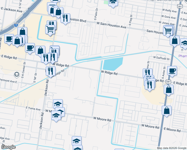 map of restaurants, bars, coffee shops, grocery stores, and more near 1301 West Ridge Road in Pharr