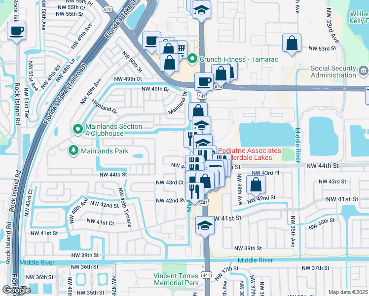 map of restaurants, bars, coffee shops, grocery stores, and more near 4515 Florida 7 in Lauderdale Lakes