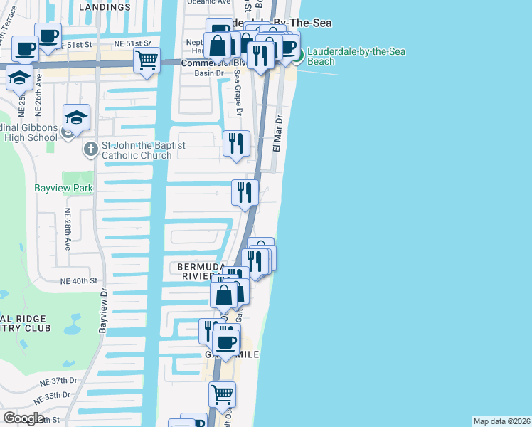 map of restaurants, bars, coffee shops, grocery stores, and more near 4280 Galt Ocean Drive in Fort Lauderdale