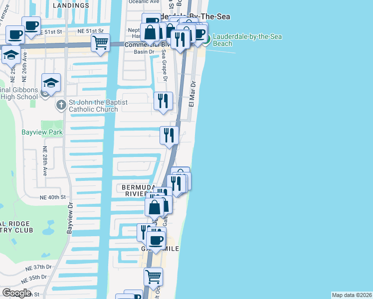 map of restaurants, bars, coffee shops, grocery stores, and more near 4300 North Ocean Boulevard in Fort Lauderdale
