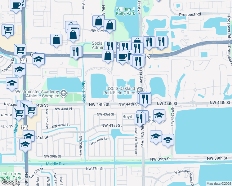 map of restaurants, bars, coffee shops, grocery stores, and more near 3481 Northwest 44th Street in Oakland Park