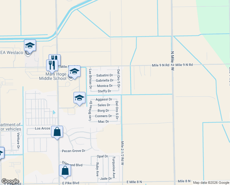map of restaurants, bars, coffee shops, grocery stores, and more near 4007 Aggassi Drive in Weslaco