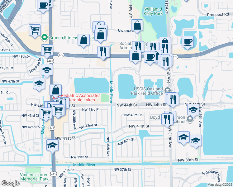 map of restaurants, bars, coffee shops, grocery stores, and more near 3425 Northwest 44th Street in Lauderdale Lakes
