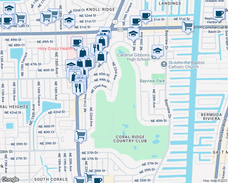 map of restaurants, bars, coffee shops, grocery stores, and more near 4357 Northeast 22nd Avenue in Fort Lauderdale