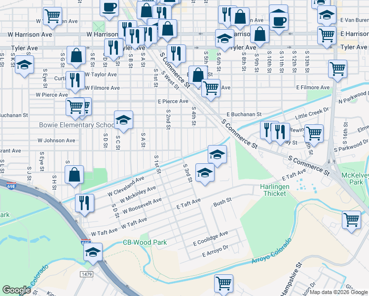 map of restaurants, bars, coffee shops, grocery stores, and more near 1022 South 3rd Street in Harlingen