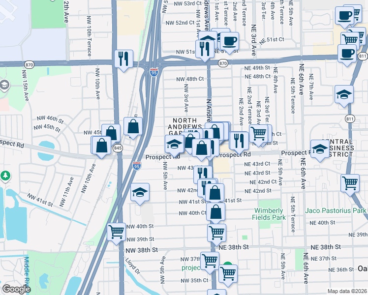 map of restaurants, bars, coffee shops, grocery stores, and more near 332 Northwest 45th Street in Fort Lauderdale