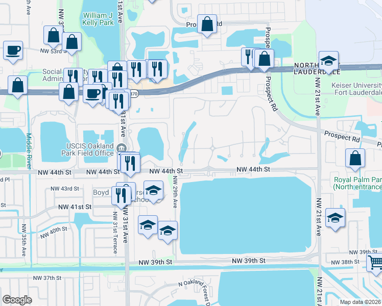 map of restaurants, bars, coffee shops, grocery stores, and more near 2960 Oak Tree Drive in Fort Lauderdale