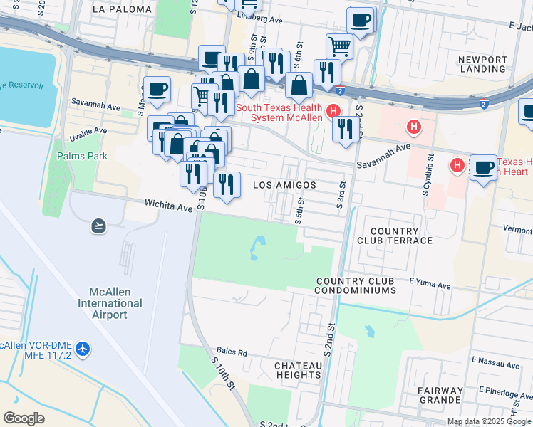 map of restaurants, bars, coffee shops, grocery stores, and more near 25 South 6th Street in McAllen