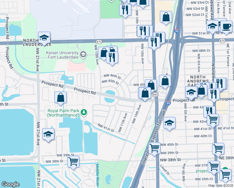 map of restaurants, bars, coffee shops, grocery stores, and more near 4520 Northwest 12th Terrace in Fort Lauderdale