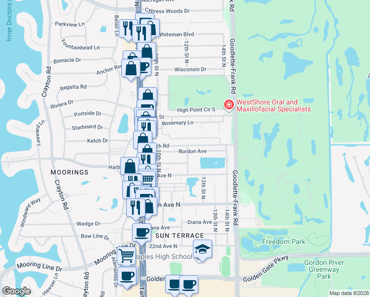 map of restaurants, bars, coffee shops, grocery stores, and more near 1123 Creech Road in Naples