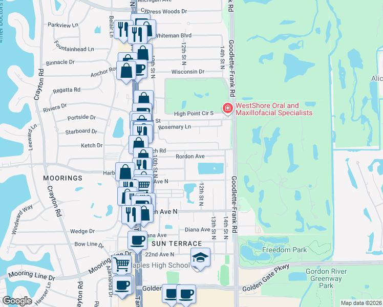map of restaurants, bars, coffee shops, grocery stores, and more near 1273 Creech Road in Naples
