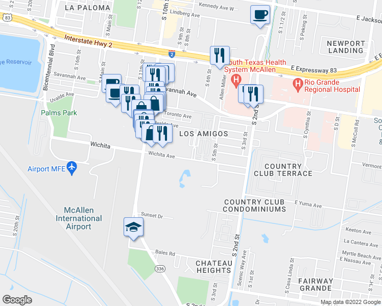 map of restaurants, bars, coffee shops, grocery stores, and more near 25 South 6th Street in McAllen