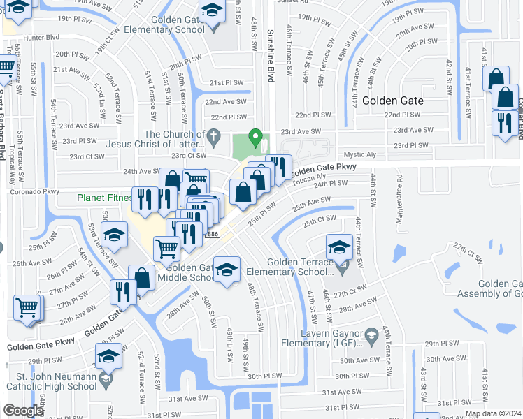 map of restaurants, bars, coffee shops, grocery stores, and more near 4737 25th Place Southwest in Naples