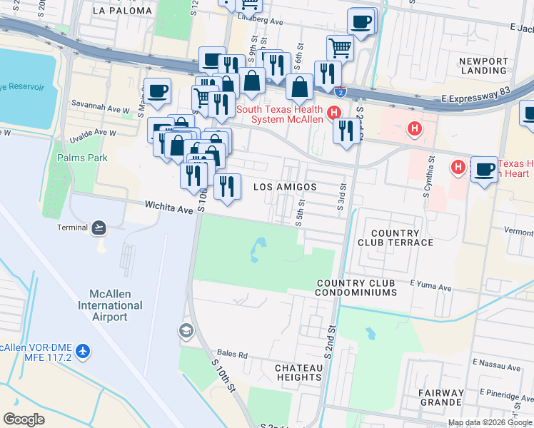 map of restaurants, bars, coffee shops, grocery stores, and more near 25 South 6th Street in McAllen