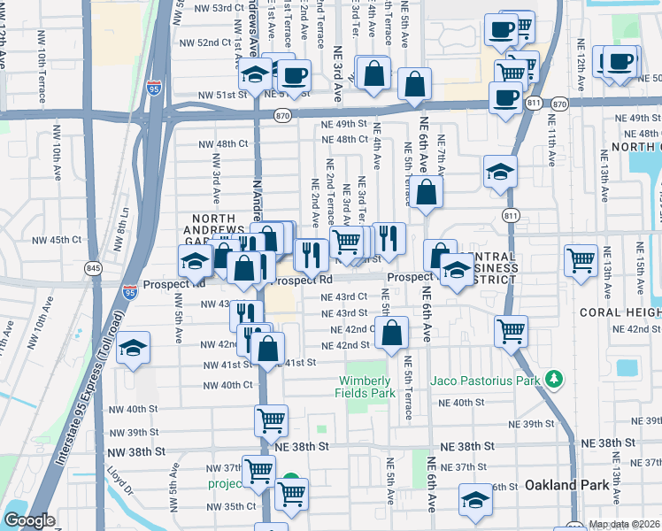 map of restaurants, bars, coffee shops, grocery stores, and more near 240 Northeast 45th Court in Fort Lauderdale