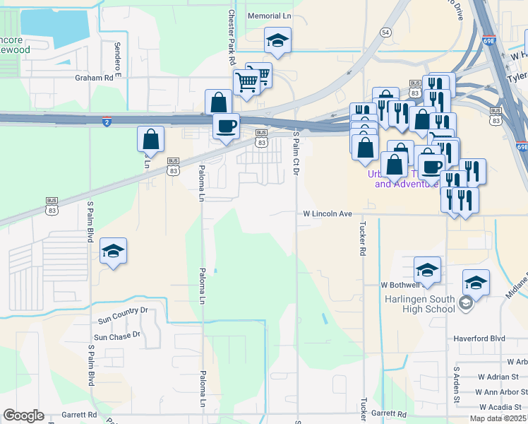 map of restaurants, bars, coffee shops, grocery stores, and more near 982 South Palm Boulevard in Harlingen