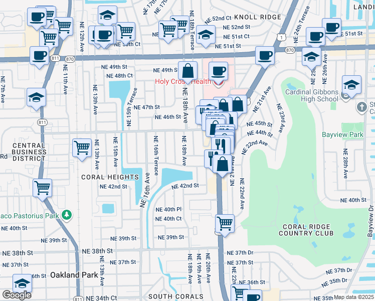 map of restaurants, bars, coffee shops, grocery stores, and more near 4430 Northeast 18th Avenue in Oakland Park