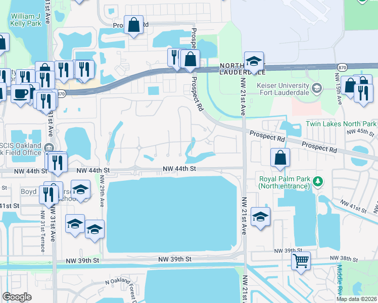 map of restaurants, bars, coffee shops, grocery stores, and more near 4471 Gramercy Drive in Oakland Park