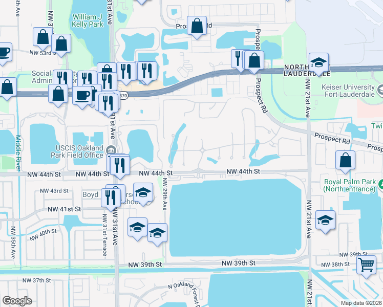 map of restaurants, bars, coffee shops, grocery stores, and more near 2854 Primrose Place in Oakland Park