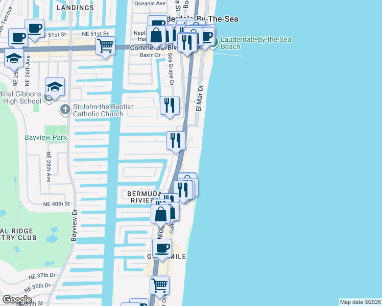map of restaurants, bars, coffee shops, grocery stores, and more near 3900 North Ocean Boulevard in Fort Lauderdale