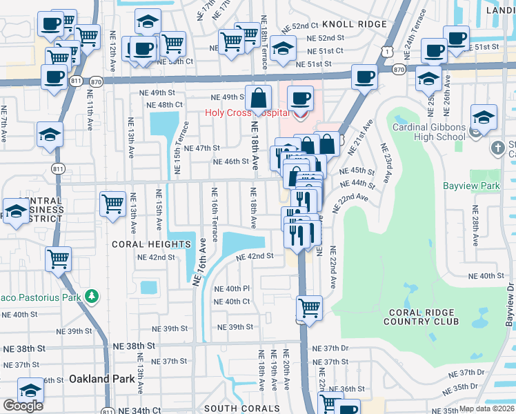 map of restaurants, bars, coffee shops, grocery stores, and more near 4430 Northeast 18th Avenue in Oakland Park