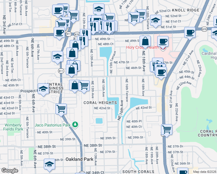 map of restaurants, bars, coffee shops, grocery stores, and more near 4431 Northeast 15th Way in Oakland Park