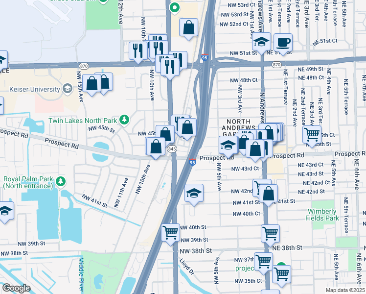 map of restaurants, bars, coffee shops, grocery stores, and more near 821 Northwest 45th Street in Oakland Park