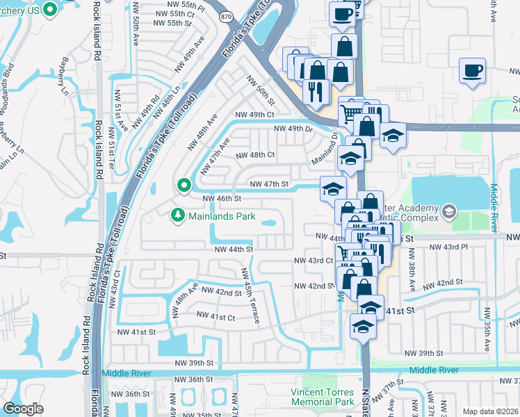 map of restaurants, bars, coffee shops, grocery stores, and more near 4409 Northwest 46th Street in Tamarac