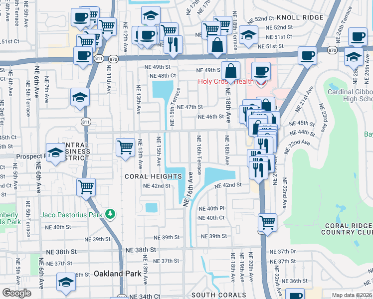 map of restaurants, bars, coffee shops, grocery stores, and more near 4430 Northeast 16th Avenue in Oakland Park