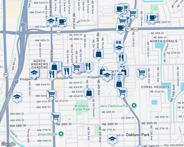 map of restaurants, bars, coffee shops, grocery stores, and more near 441 Northeast 45th Street in Fort Lauderdale