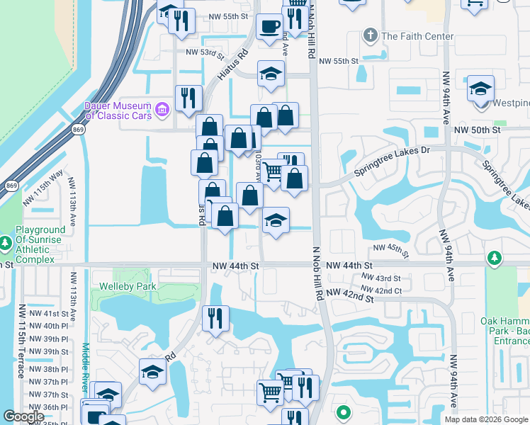 map of restaurants, bars, coffee shops, grocery stores, and more near 4631 Northwest 103rd Avenue in Sunrise