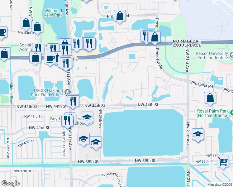map of restaurants, bars, coffee shops, grocery stores, and more near 2850 Oak Tree Court in Fort Lauderdale