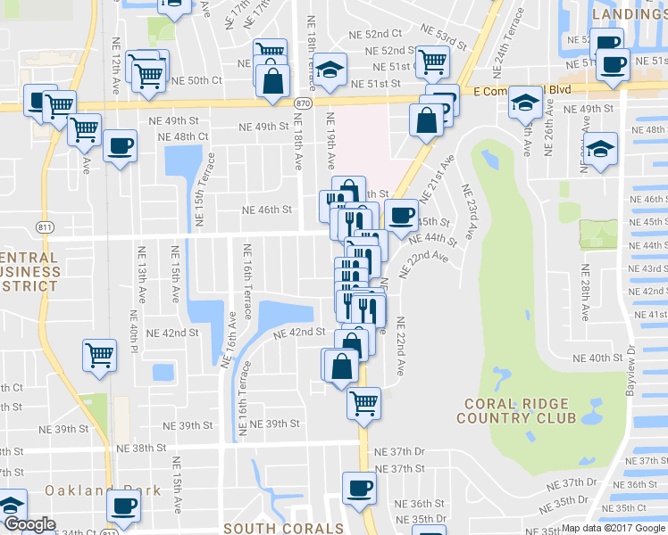 map of restaurants, bars, coffee shops, grocery stores, and more near 4430 Northeast 20th Avenue in Oakland Park