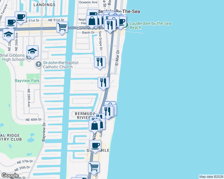 map of restaurants, bars, coffee shops, grocery stores, and more near 3900 North Ocean Boulevard in Fort Lauderdale