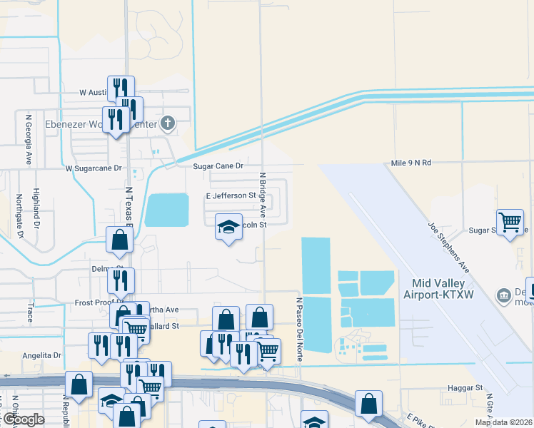map of restaurants, bars, coffee shops, grocery stores, and more near 2546 North Bridge Avenue in Weslaco
