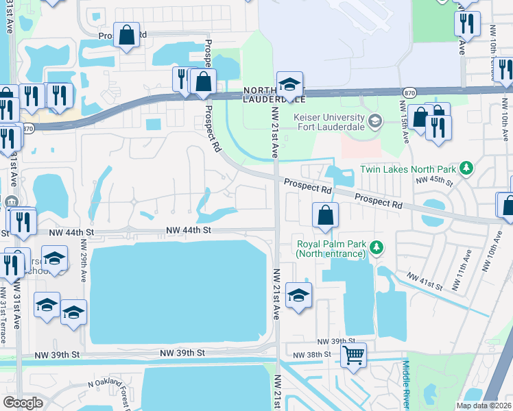 map of restaurants, bars, coffee shops, grocery stores, and more near in Oakland Park