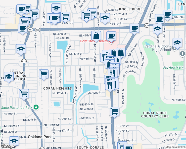 map of restaurants, bars, coffee shops, grocery stores, and more near 4401 Northeast 18th Avenue in Oakland Park