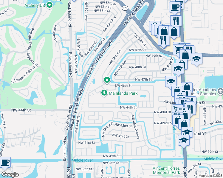 map of restaurants, bars, coffee shops, grocery stores, and more near 4629 Northwest 46th Street in Tamarac