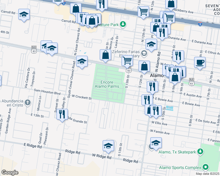 map of restaurants, bars, coffee shops, grocery stores, and more near 278 Azusa Street in Alamo