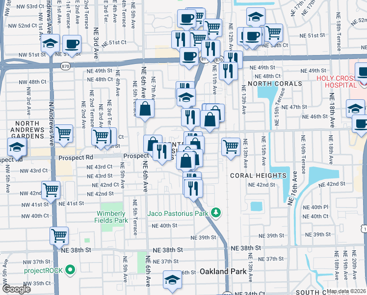 map of restaurants, bars, coffee shops, grocery stores, and more near in Oakland Park