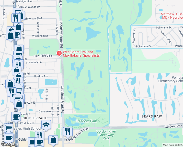 map of restaurants, bars, coffee shops, grocery stores, and more near 110 Wilderness Drive in Naples