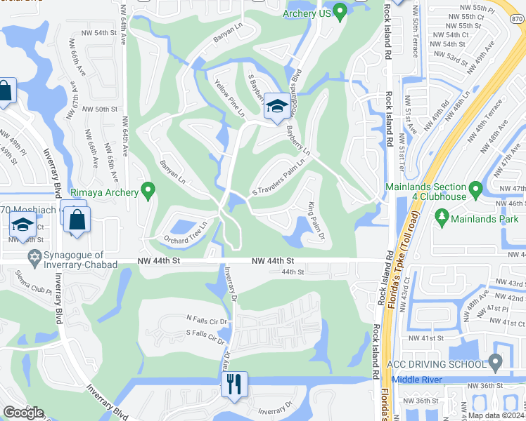 map of restaurants, bars, coffee shops, grocery stores, and more near 5801 Mulberry Drive in Tamarac