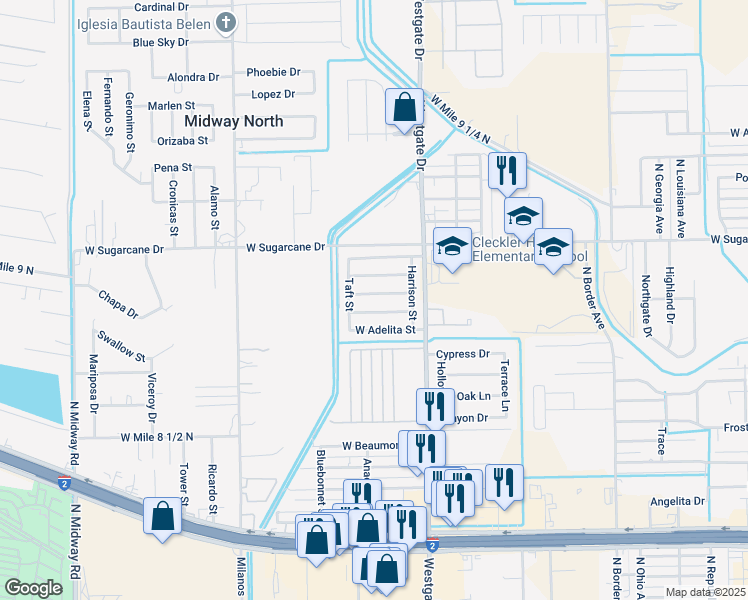 map of restaurants, bars, coffee shops, grocery stores, and more near 2001 West Roosevelt Street in Weslaco