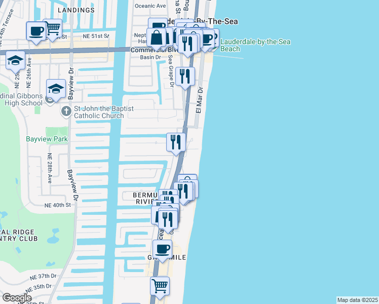 map of restaurants, bars, coffee shops, grocery stores, and more near 3900 North Ocean Boulevard in Fort Lauderdale